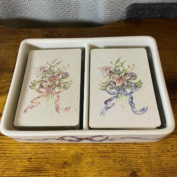 Horchow VTG Porcelain Floral Double Card Box & 2 Decks Original‎ Playing Cards - Picture 6 of 7